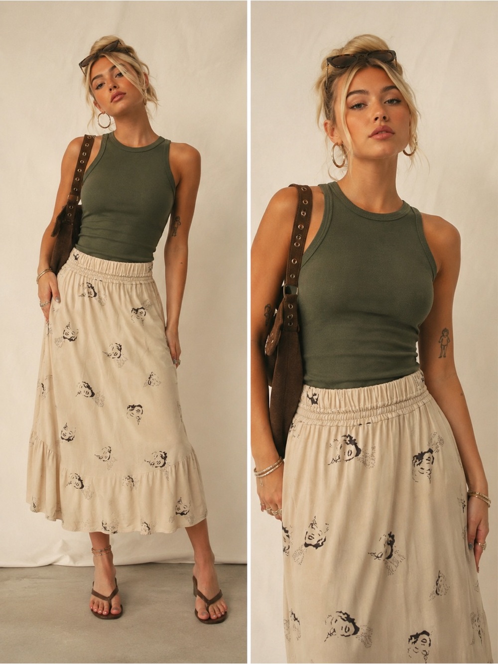 Vintage Miss Mod Marilyn Monroe Pop Art Print Midi Skirt Y2K Boho Ruffle Medium